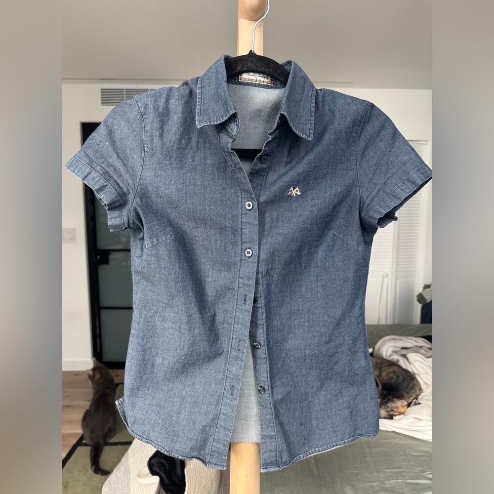 Vintage Thomas Burberry fitted polo blouse in denim chambray cotton, Sz S